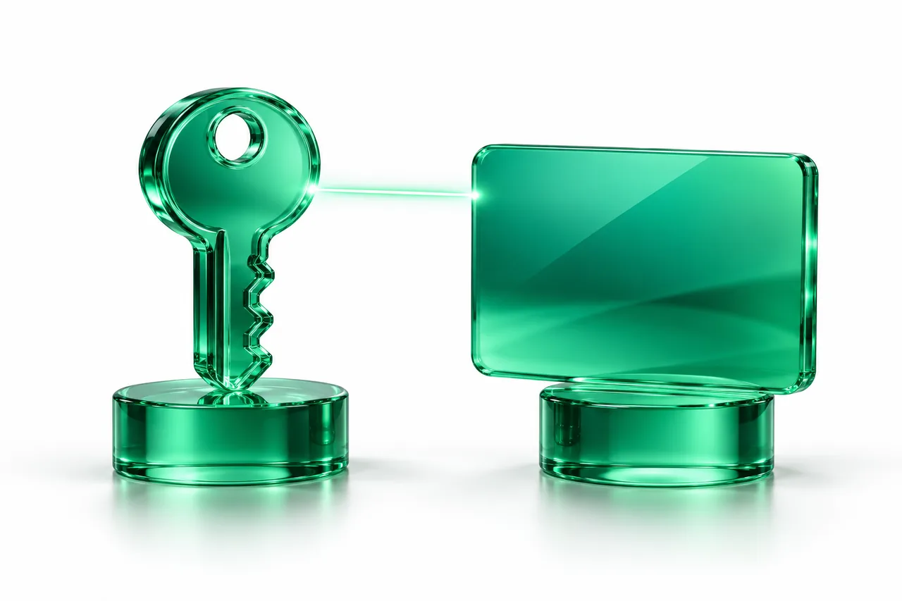 Emerald glass key and credit card representing account ownership versus a recharge