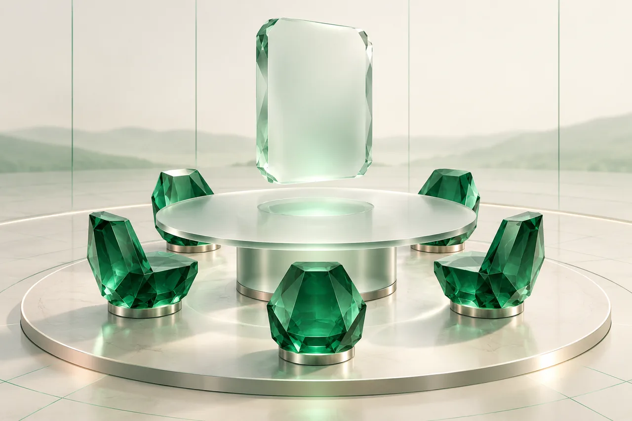 Five emerald glass seat markers around a frosted team table beneath a translucent pricing slab