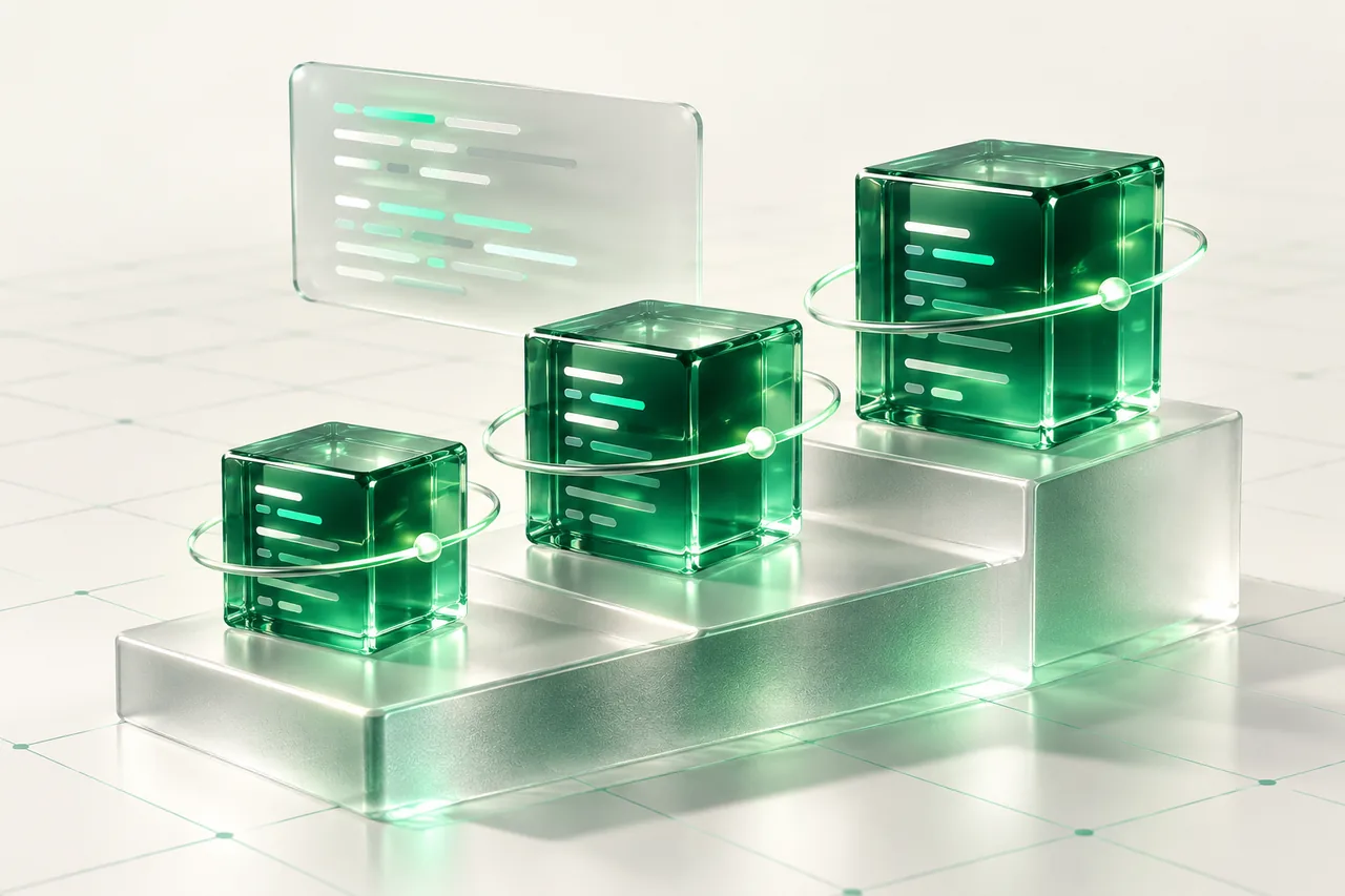 Three rising emerald glass code cubes on a frosted platform with glowing usage rings