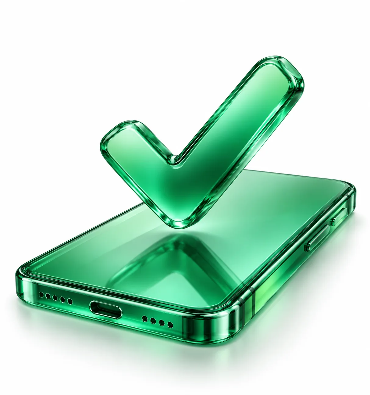 Payment illustration: emerald glass phone with a payment success check mark