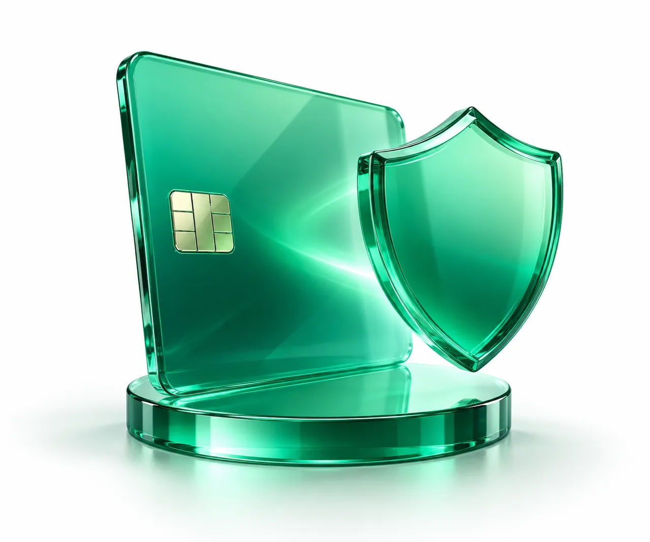 ChatGPT payment declined illustration: an emerald glass credit card with a floating emerald glass shield in front of it