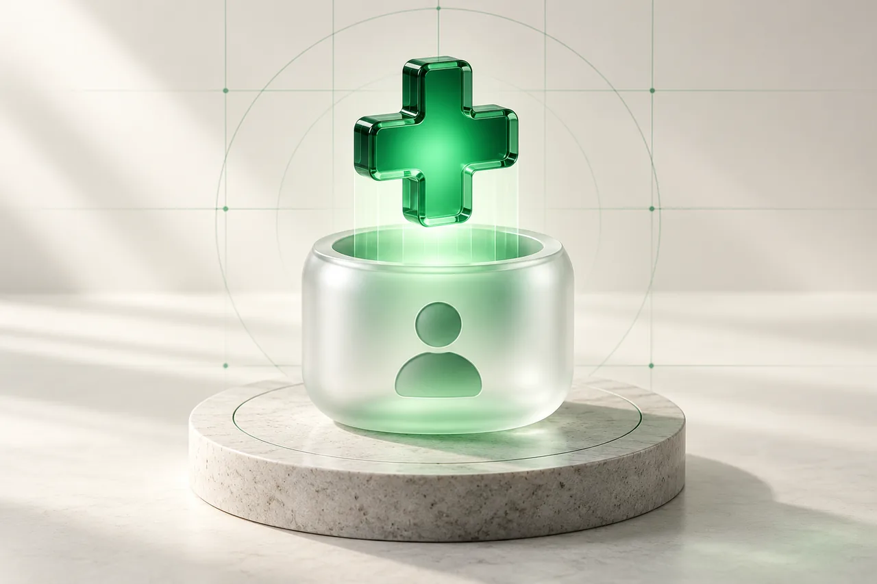 A glowing emerald plus token descending into a frosted account capsule on a stone pedestal