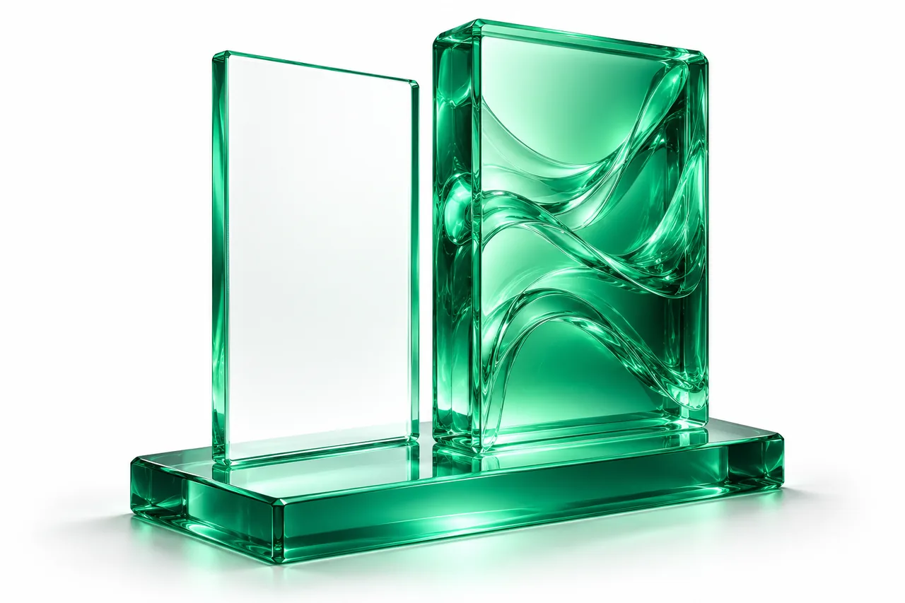 Two emerald glass panels, one thin and transparent and one thicker with internal structures