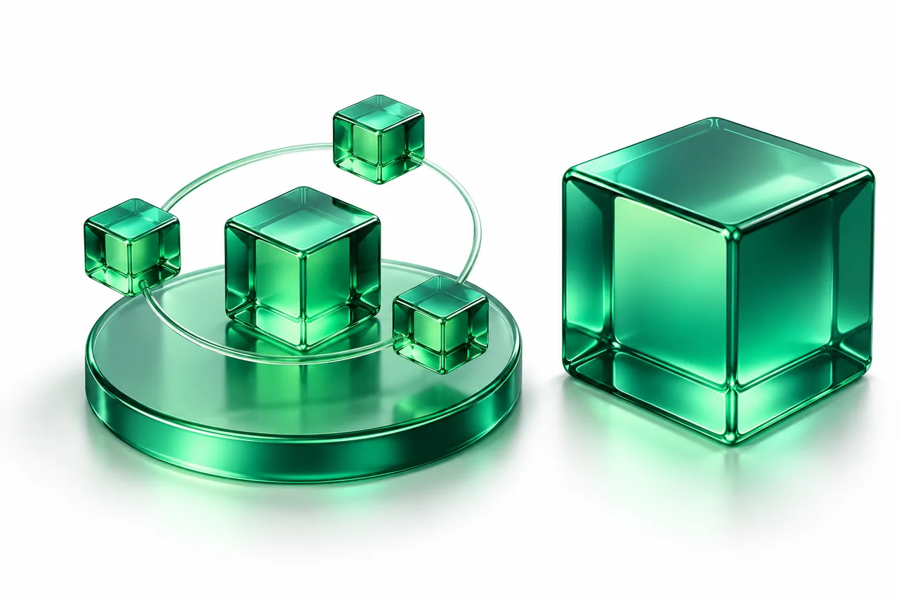 Three small emerald glass cubes orbiting a central cube with a larger cube standing apart