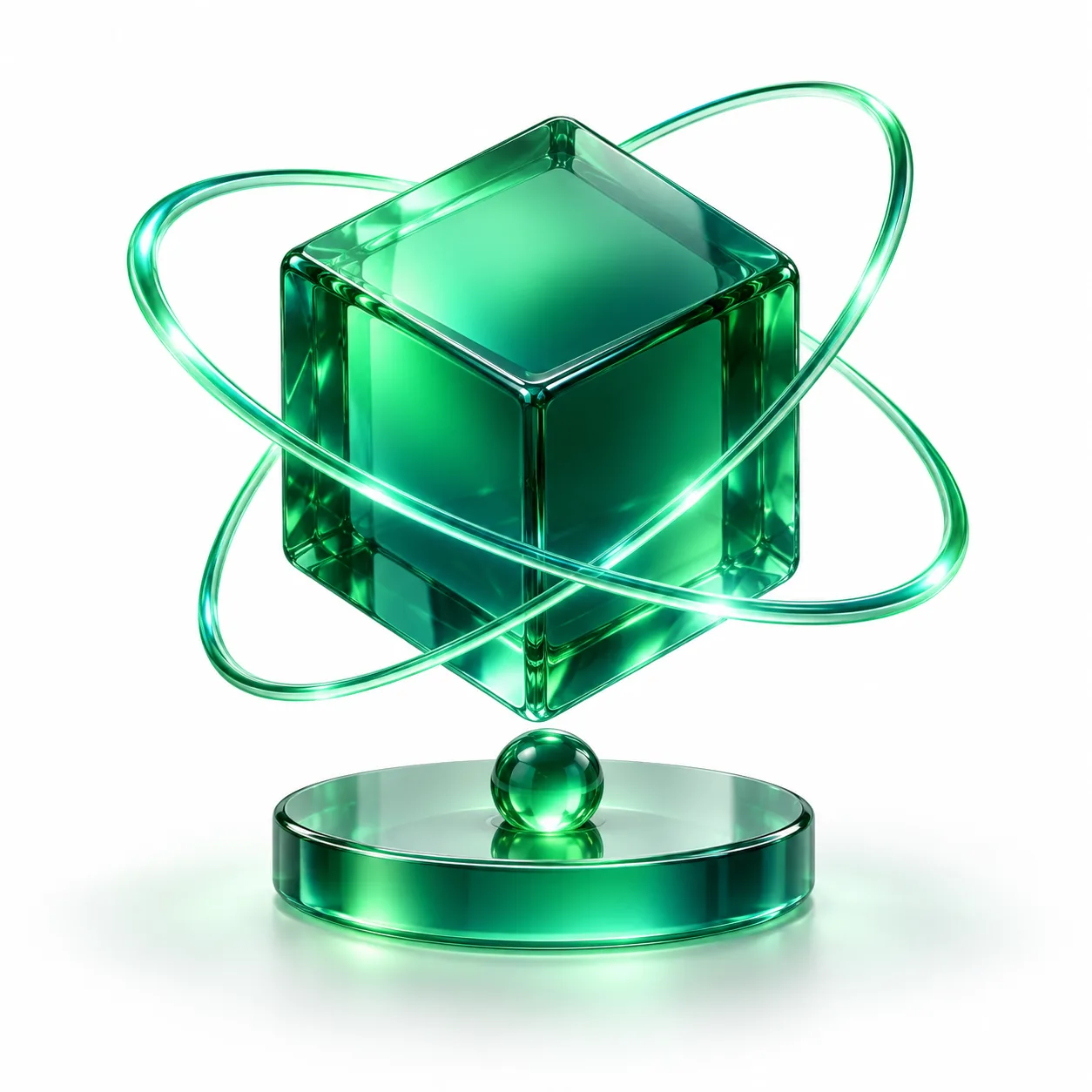 Codex recharge illustration: an emerald glass cube orbited by glowing emerald light rings above a round base