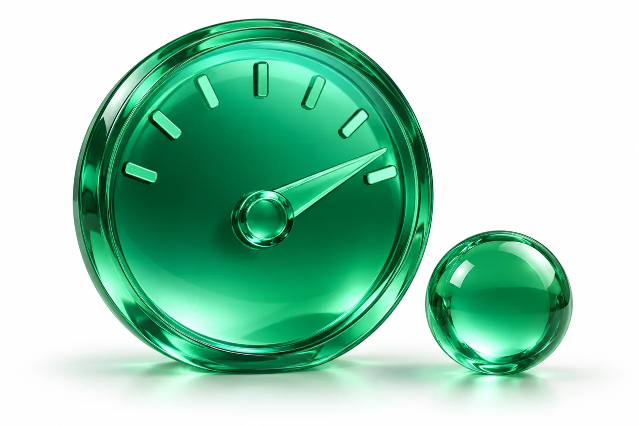 Emerald glass gauge with its pointer near the full mark and a waiting glass orb