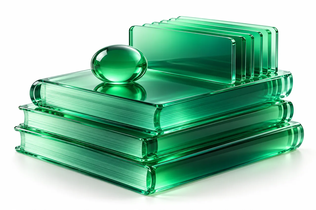 Emerald glass book pages and directory cards arranged like a small library