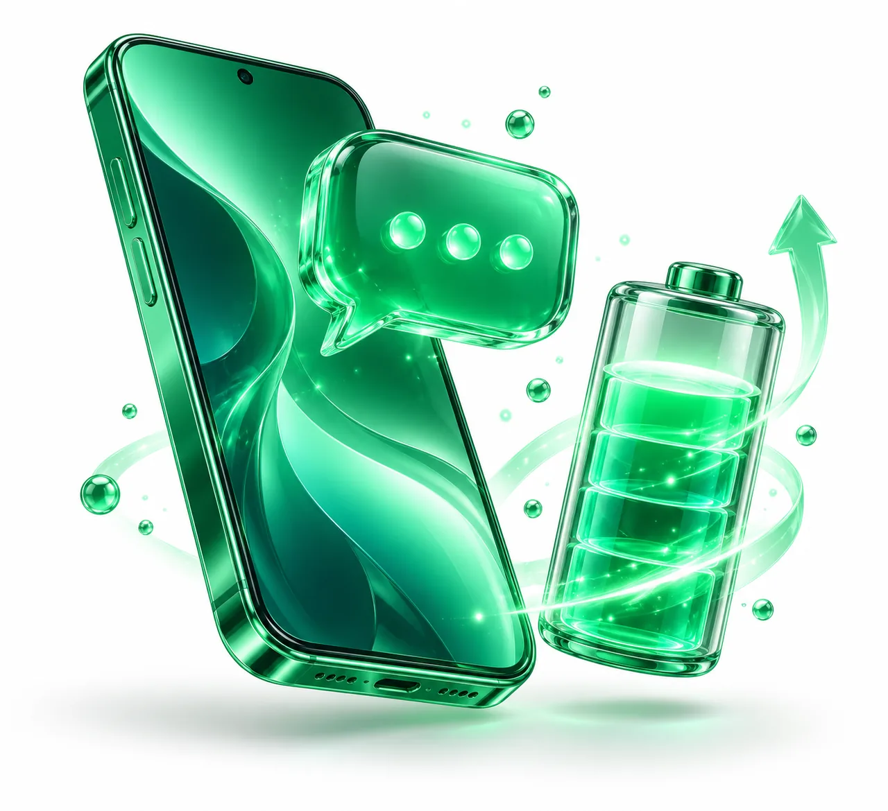 ChatGPT recharge illustration: emerald phone with a chat bubble and a charging battery