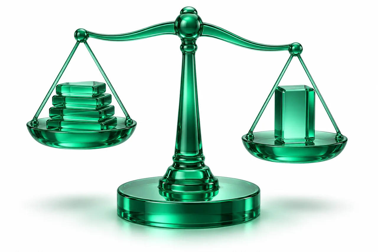 Emerald glass balance scale weighing a stack of glass chips against a taller glass block
