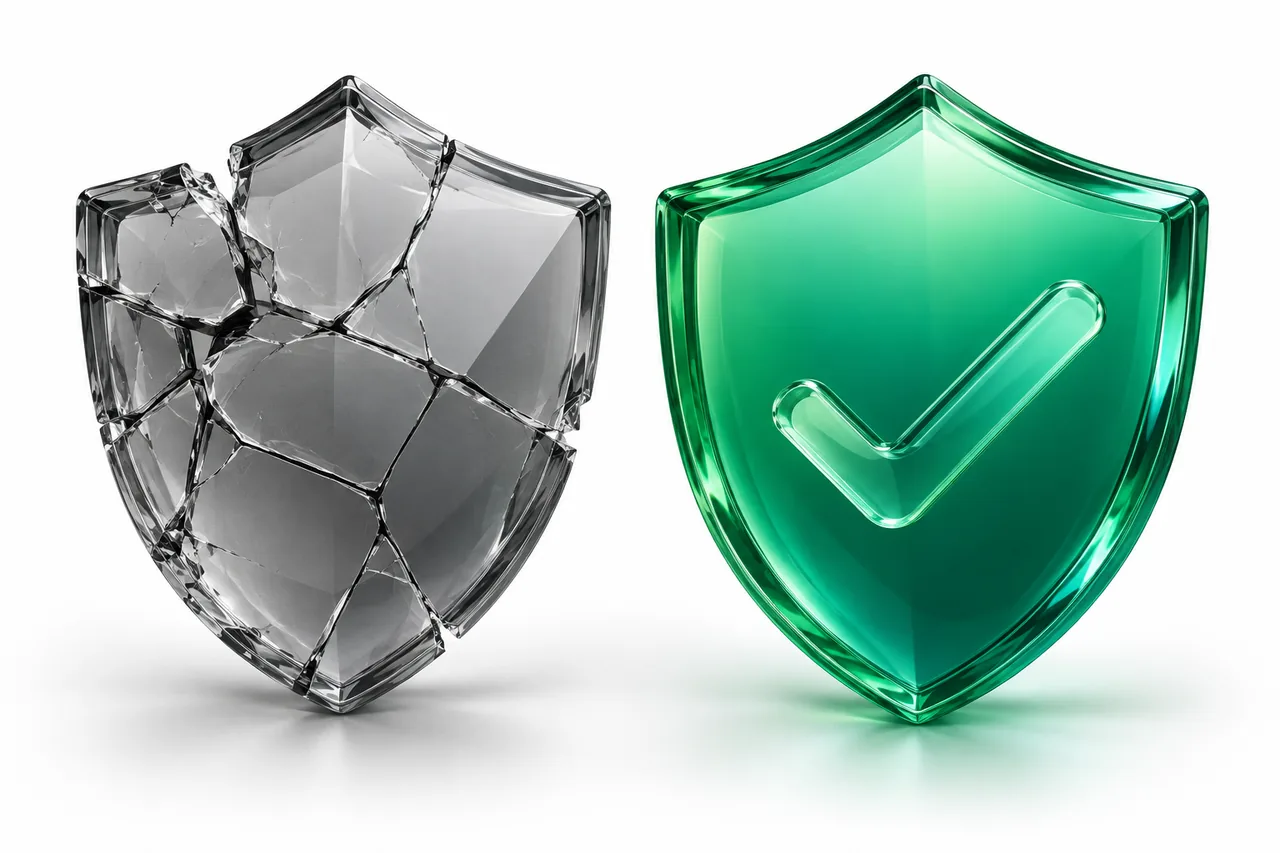 Comparison illustration: a cracked grey shield next to an intact emerald glass shield